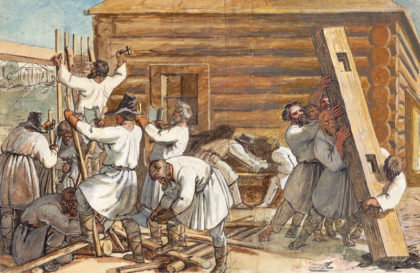 Русские крестьяне строят избу. Ганс Оэри. 1810-е гг.