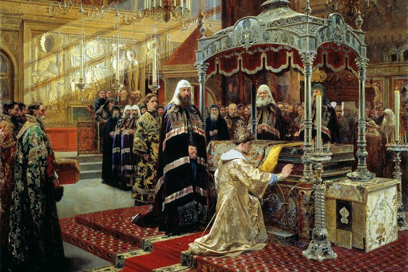 Царь Алексей Михайлович и Никон, архиепископ Новгородский у гроба чудотворца Филиппа, митрополита Московского.
