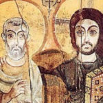 На коптской иконе VI в. Христос держит руку на плече мученика Мины