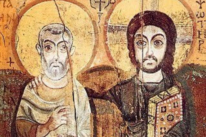 На коптской иконе VI в. Христос держит руку на плече мученика Мины