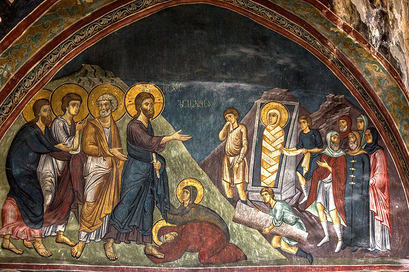 Воскрешение Лазаря. Фреска храма святого Саввы в монастыре Сапара, Грузия. XIV век.