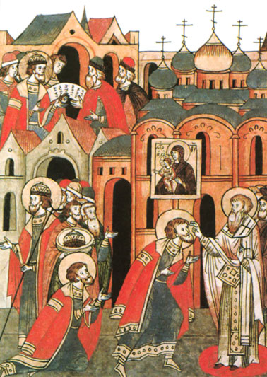 Александр Невский испрашивает благословение на битву. Фрагмент миниатюры Лицевого летописного свода XVI в.